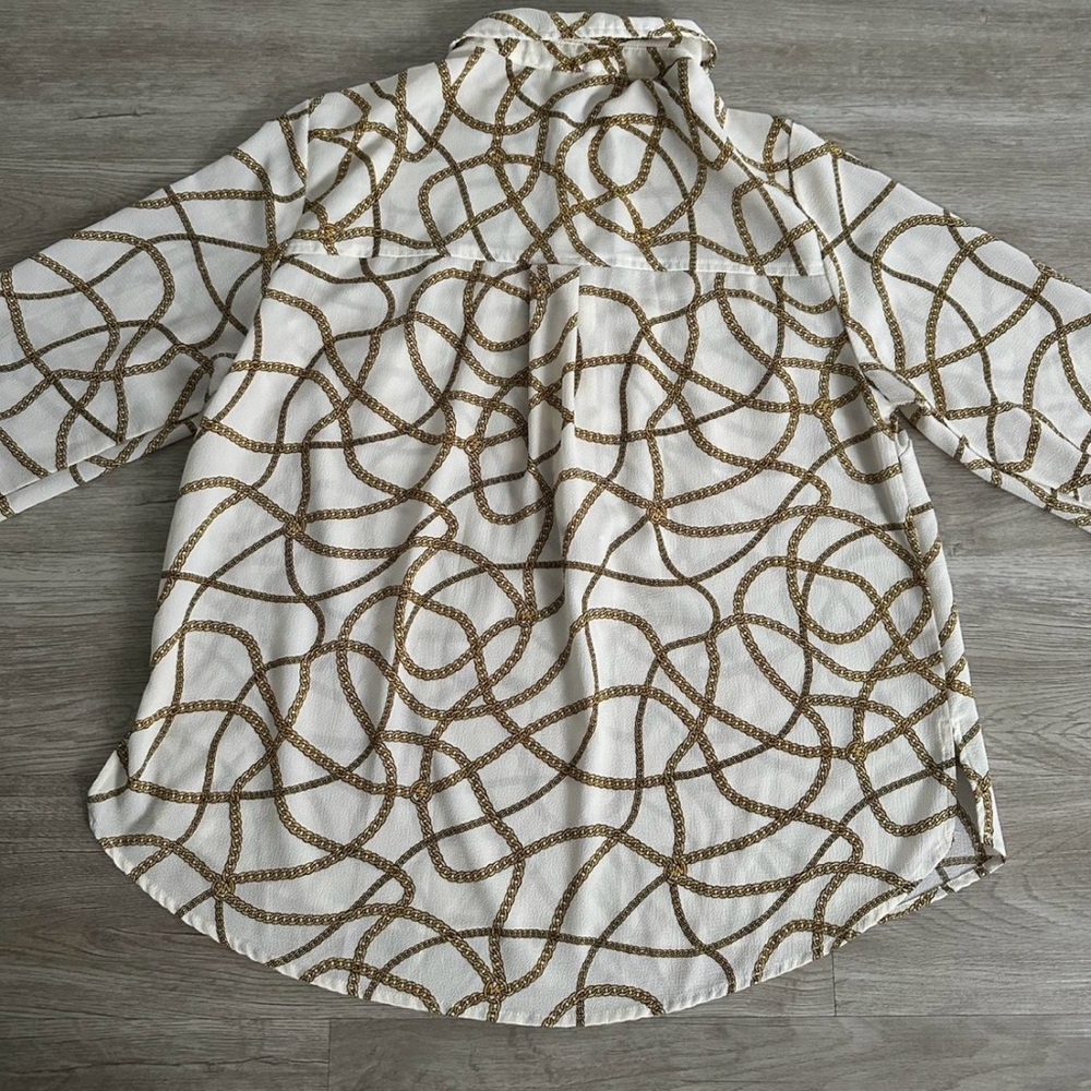 Michael Kors Gold Chain Print Zip Blouse White Long Sleeve Top, Size L - Picture 7 of 7